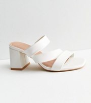 New Look Wide Fit White Leather-Look Asymmetric Strap Block Heel Mules